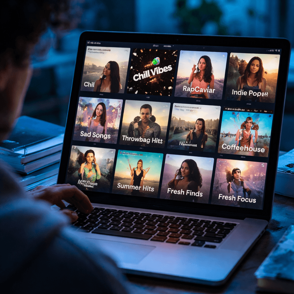 a collage of popular curated Spotify playlists with engaging visuals