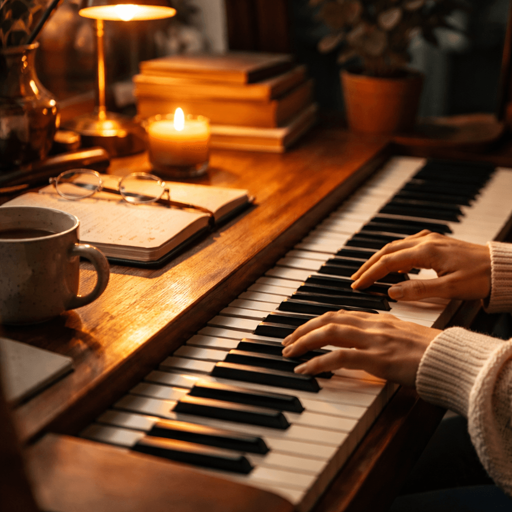 tranquil piano music playing in a cozy study environment