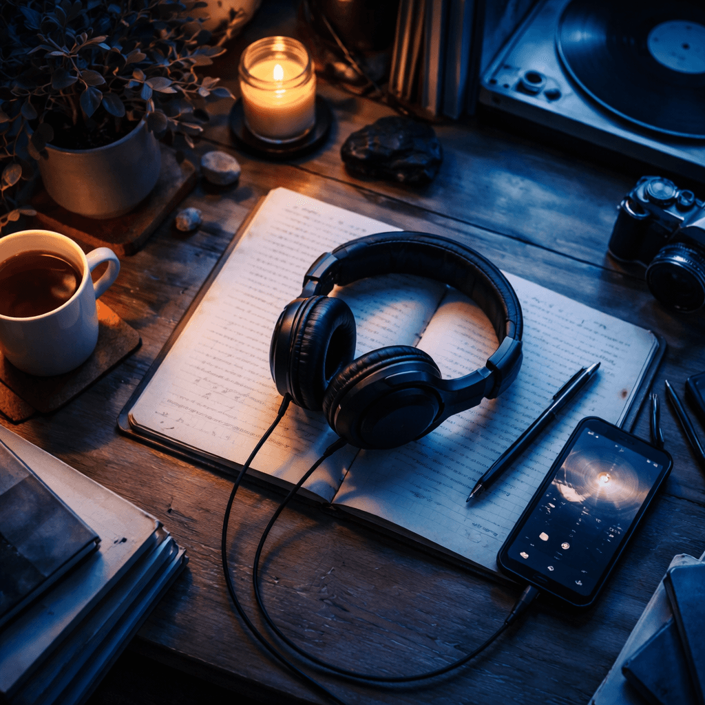 a cozy study space with soft ambient lighting and headphones on a desk