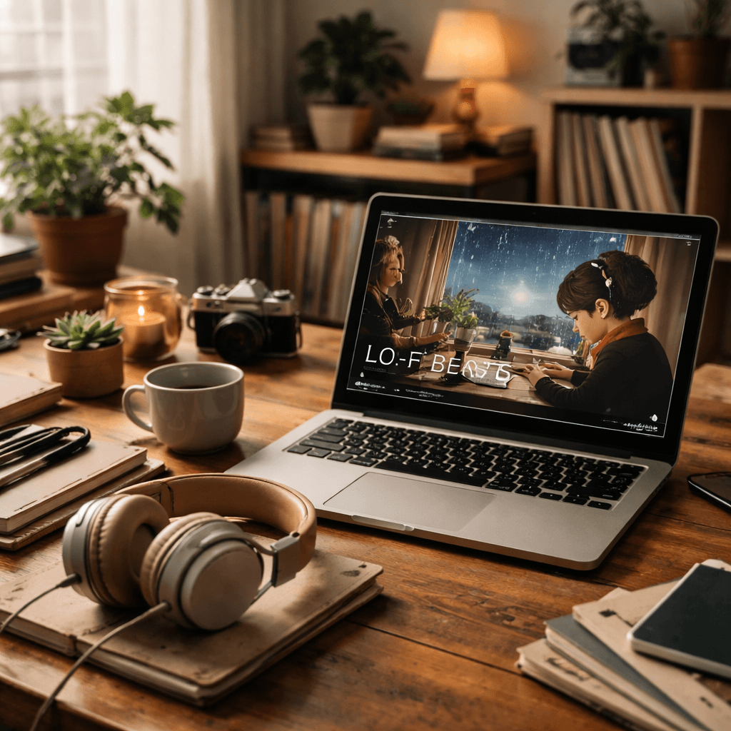 a cozy workspace with headphones and a laptop playing Lo-Fi music