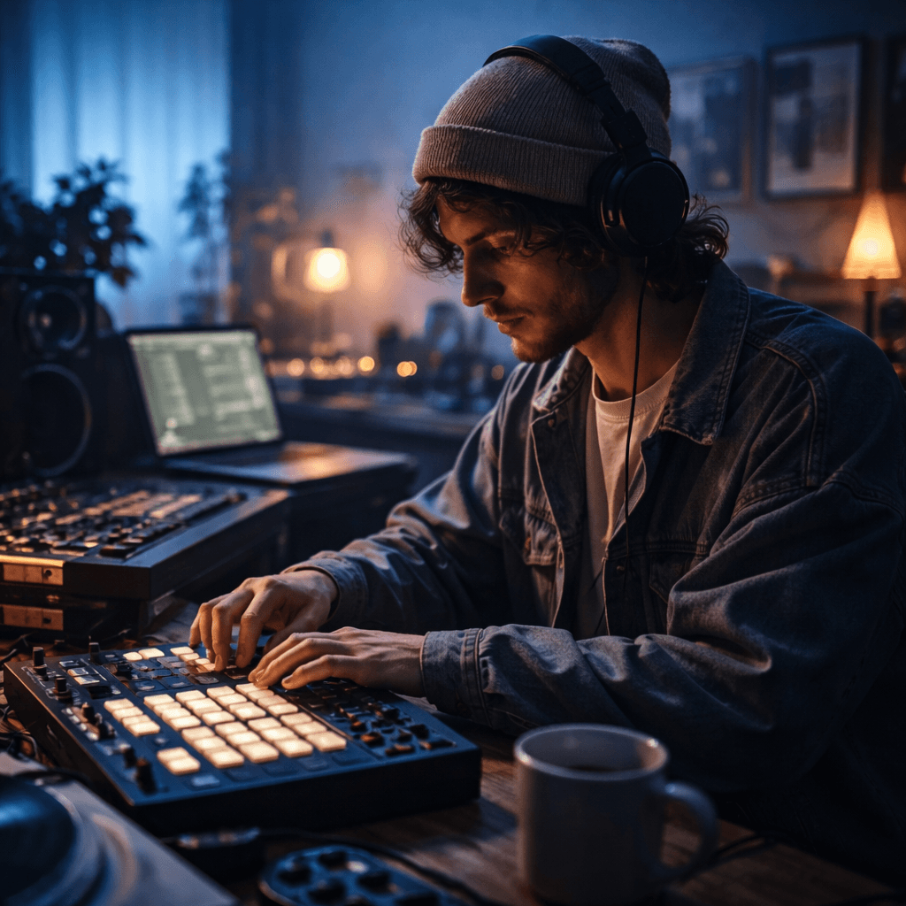 Lo-Fi artist producing beats in a cozy studio setting