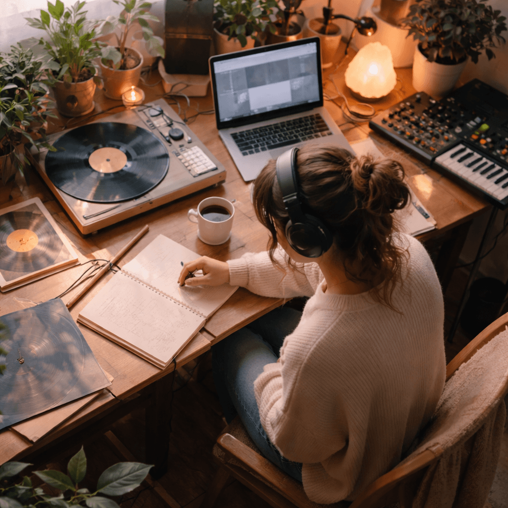 person focused on work with ambient music in the background