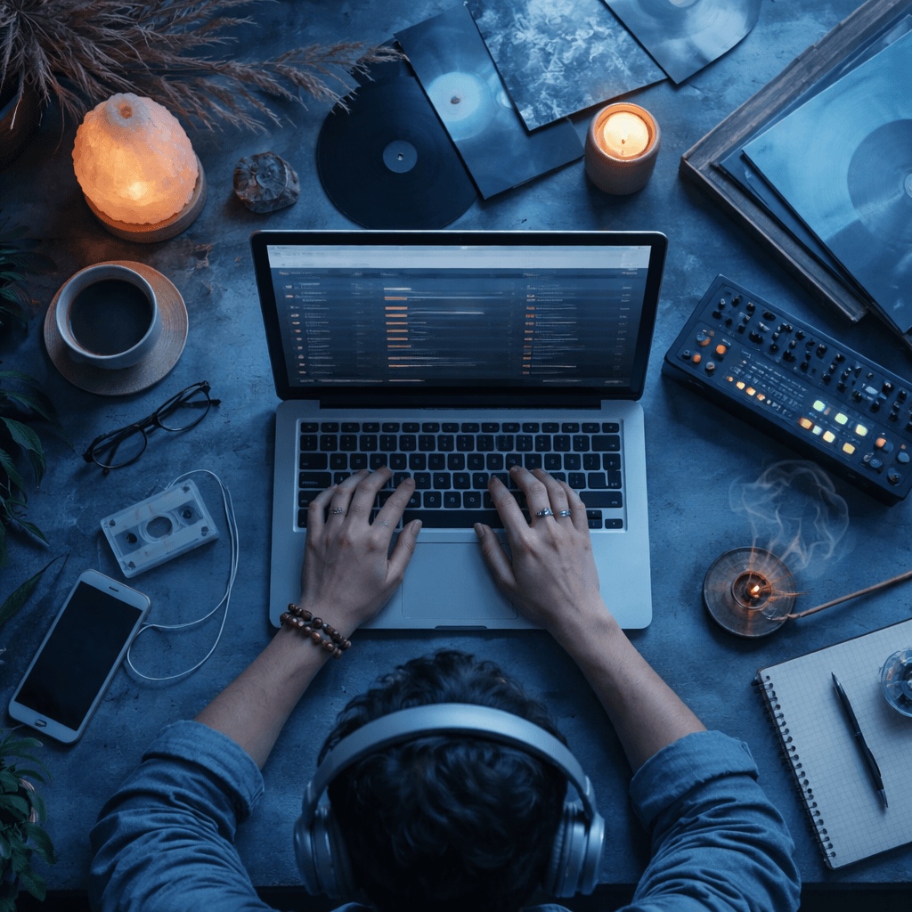 ambient music listener creating a playlist on a laptop