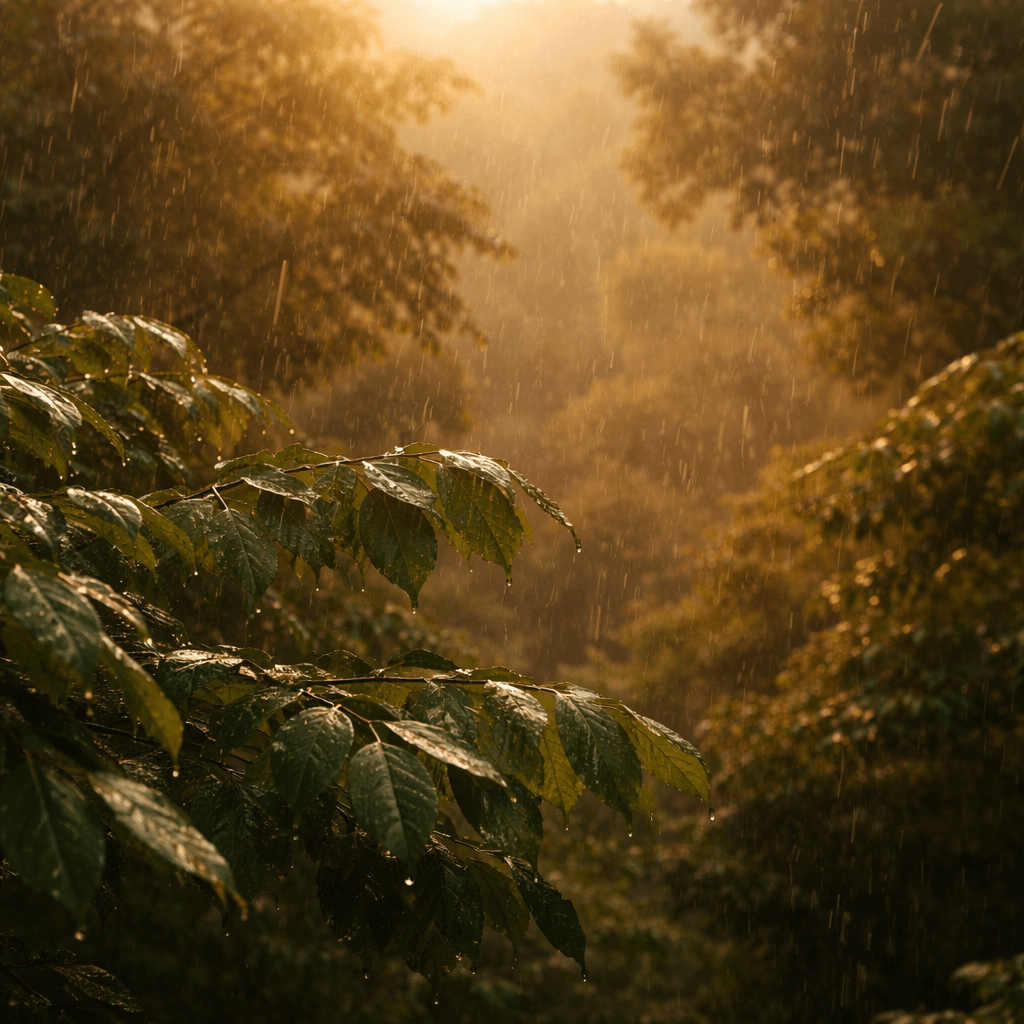 serene scene depicting rain falling on leaves with soft lighting