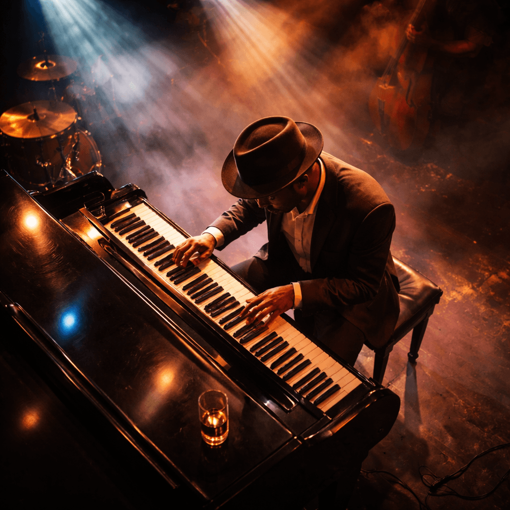 a jazz pianist performing on stage with light effects