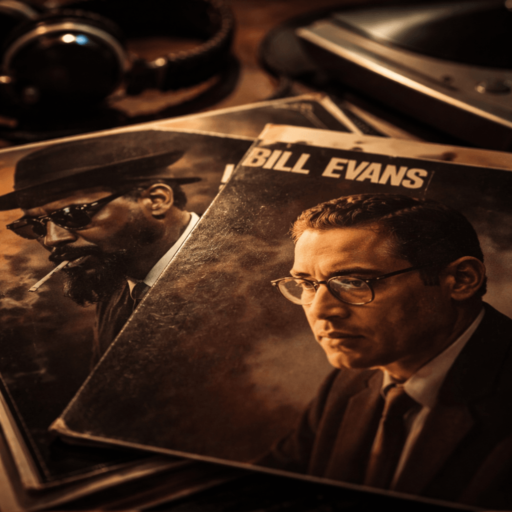 cover art of classic jazz albums featuring Bill Evans and Thelonious Monk