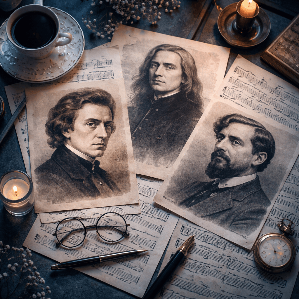 a collage of classical solo piano composers, including Chopin, Liszt, and Debussy