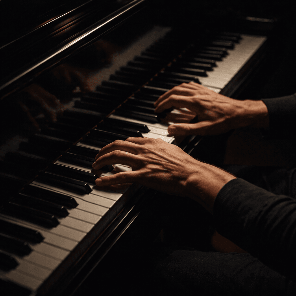 a close-up of hands playing a piano on a dark stage