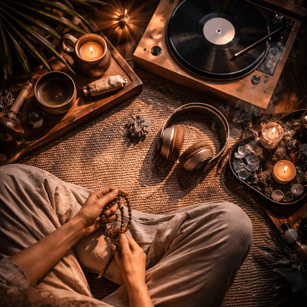 peaceful meditation setup with ambient music playing in the background