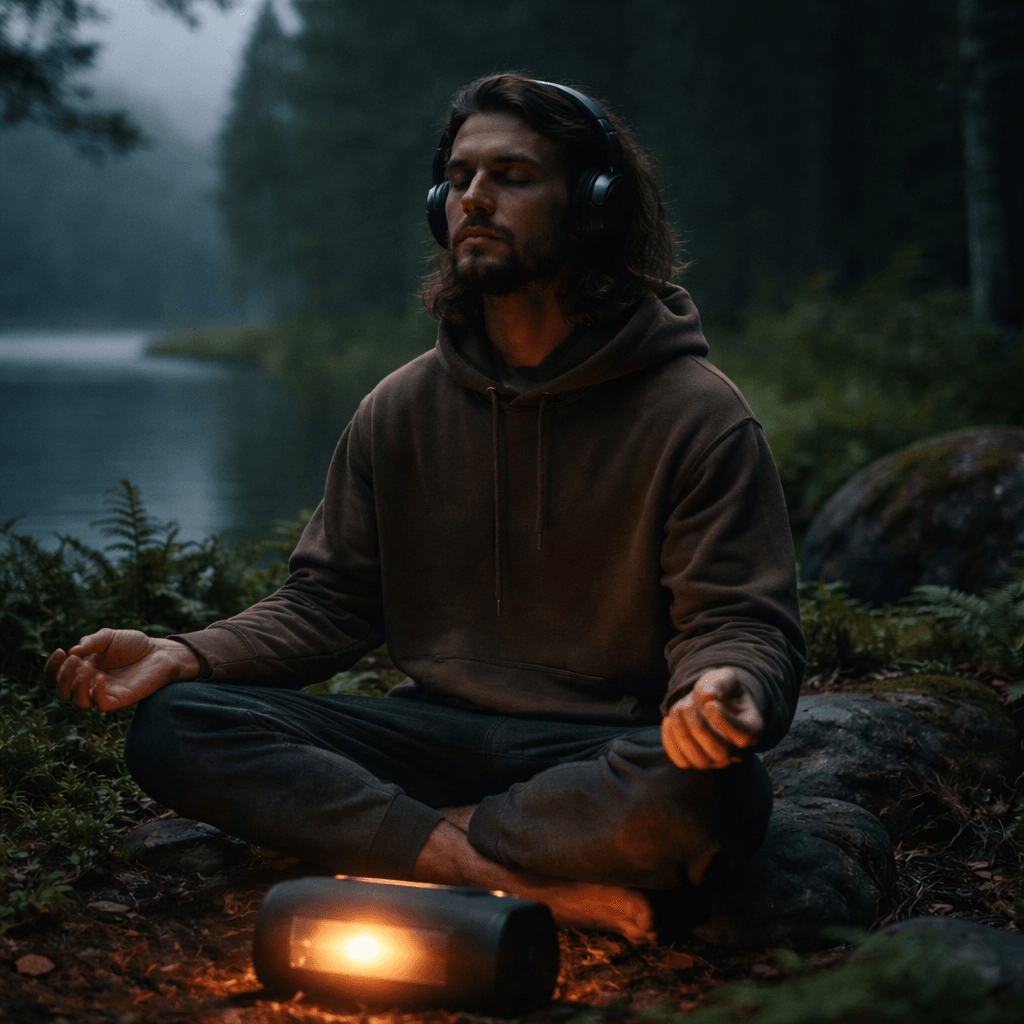 person meditating in nature with ambient music playing