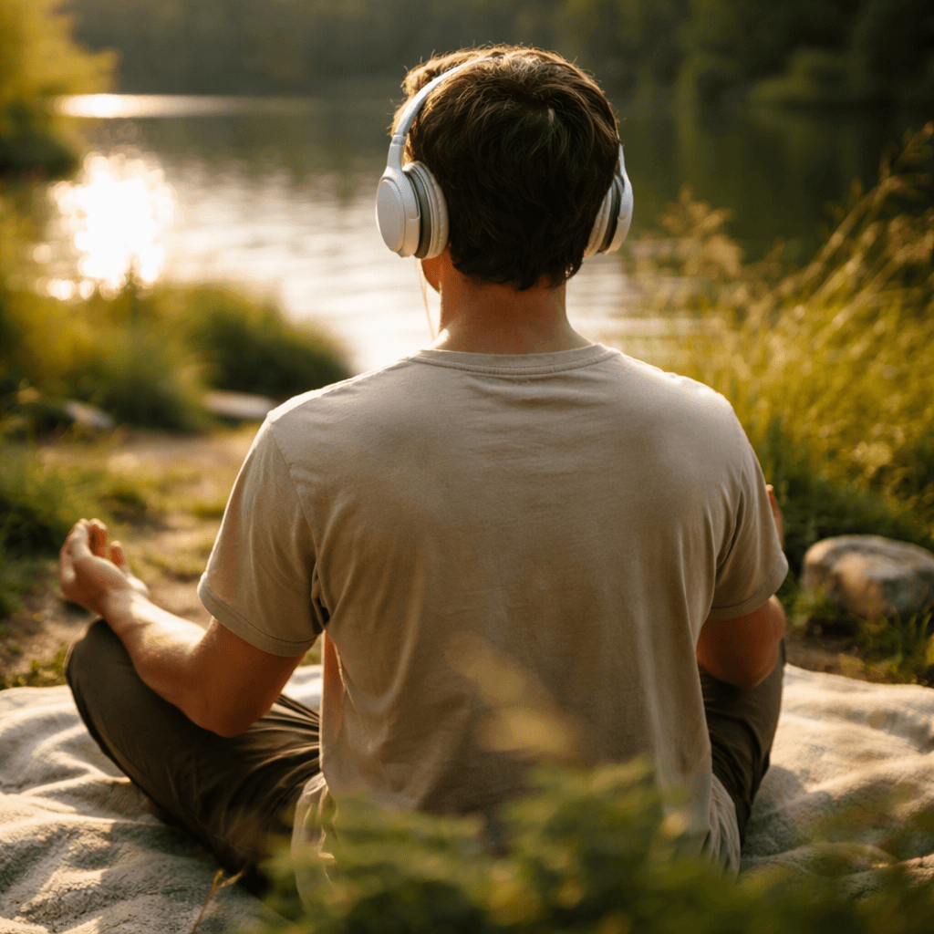 person meditating with headphones in a serene outdoor setting