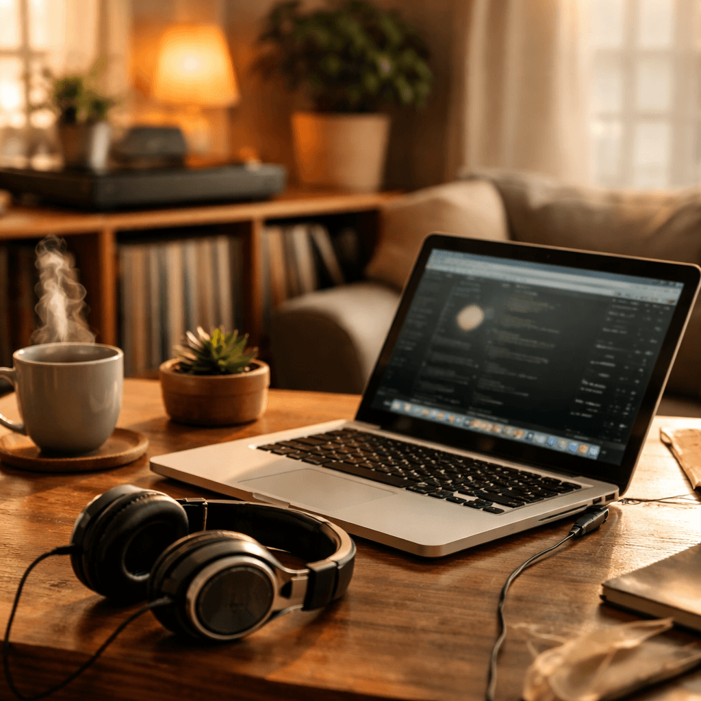 relaxing music setup at home with laptop and headphones