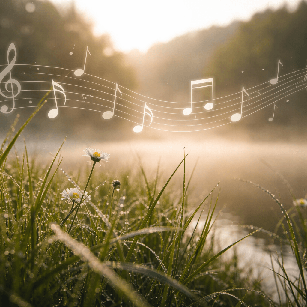 serene landscape with soft music notes overlay