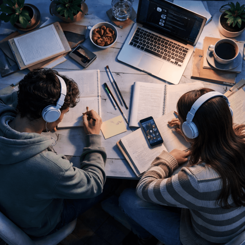 The Complete Guide to Study Beats: Elevate Your Focus in 2026 | Klangspot Recordings students studying with headphones listening to music