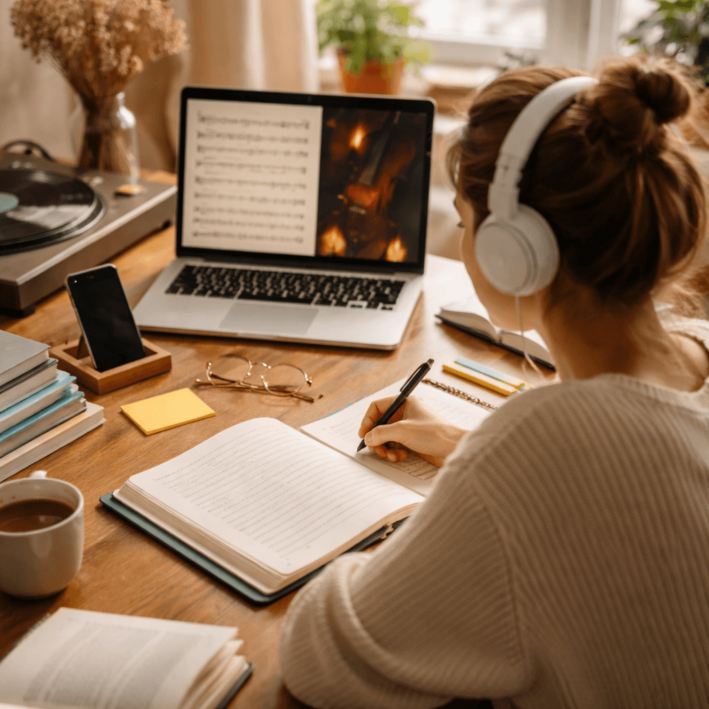 The Complete Guide to Study Beats: Elevate Your Focus in 2026 | Klangspot Recordings student studying with neoclassical music in the background
