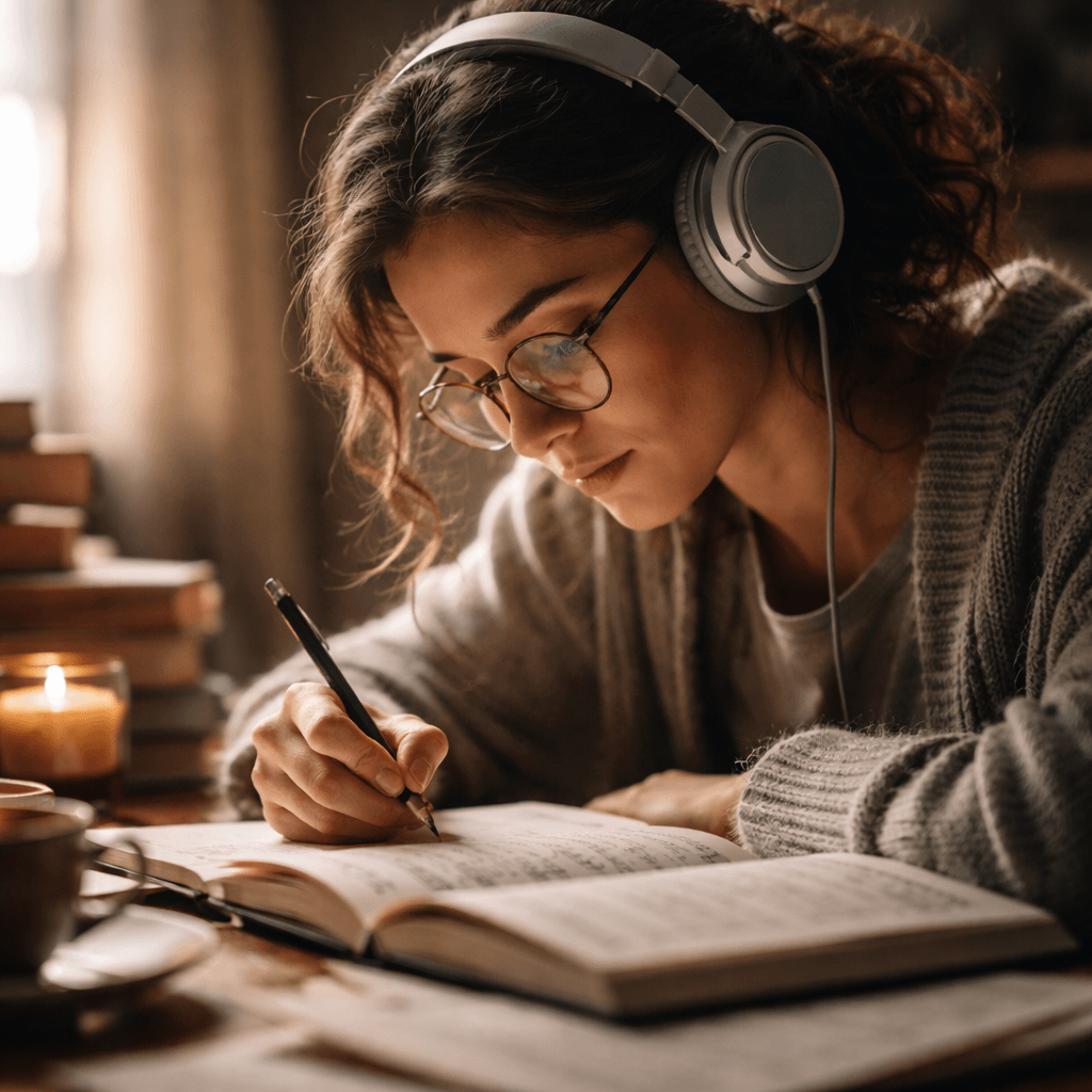 The Complete Guide to Study Beats: Elevate Your Focus in 2026 | Klangspot Recordings a student studying with headphones on listening to neoclassical music